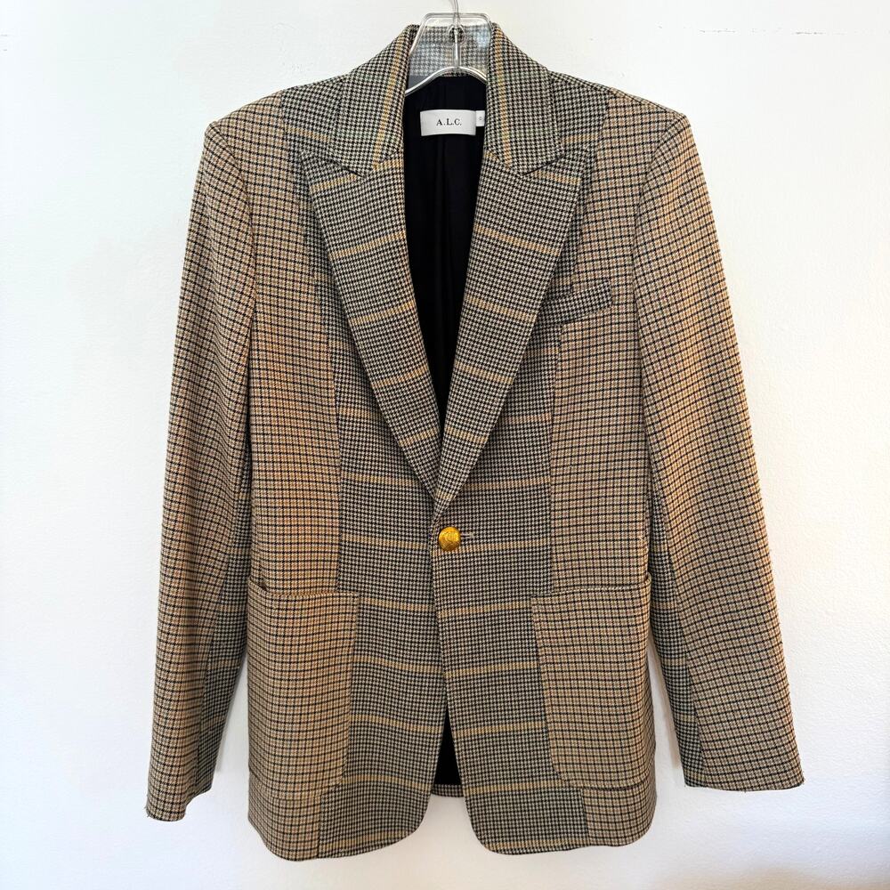 A.L.C. Mixed Plaid Blazer Houndstooth Gold Button Jacket Size 0 Dark Academia